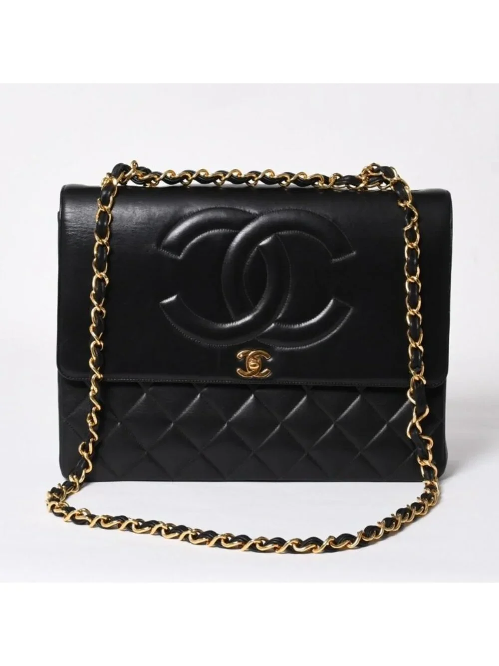 Chanel S Flap Chain Shoulder Bag CC Logo Lambskin Black Gold